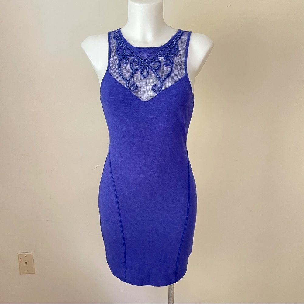 FREE PEOPLE Bodycon Keyhole‎ Back Beaded Ornate Chest Patch Indigo Dress Sz SP